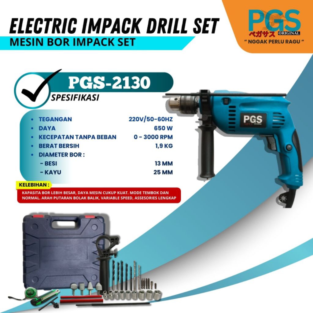 PGS 2130 Mesin Bor Listrik Set Bolak Balik Besi Kayu 13mm-25mm Kecepatan Variable Speed