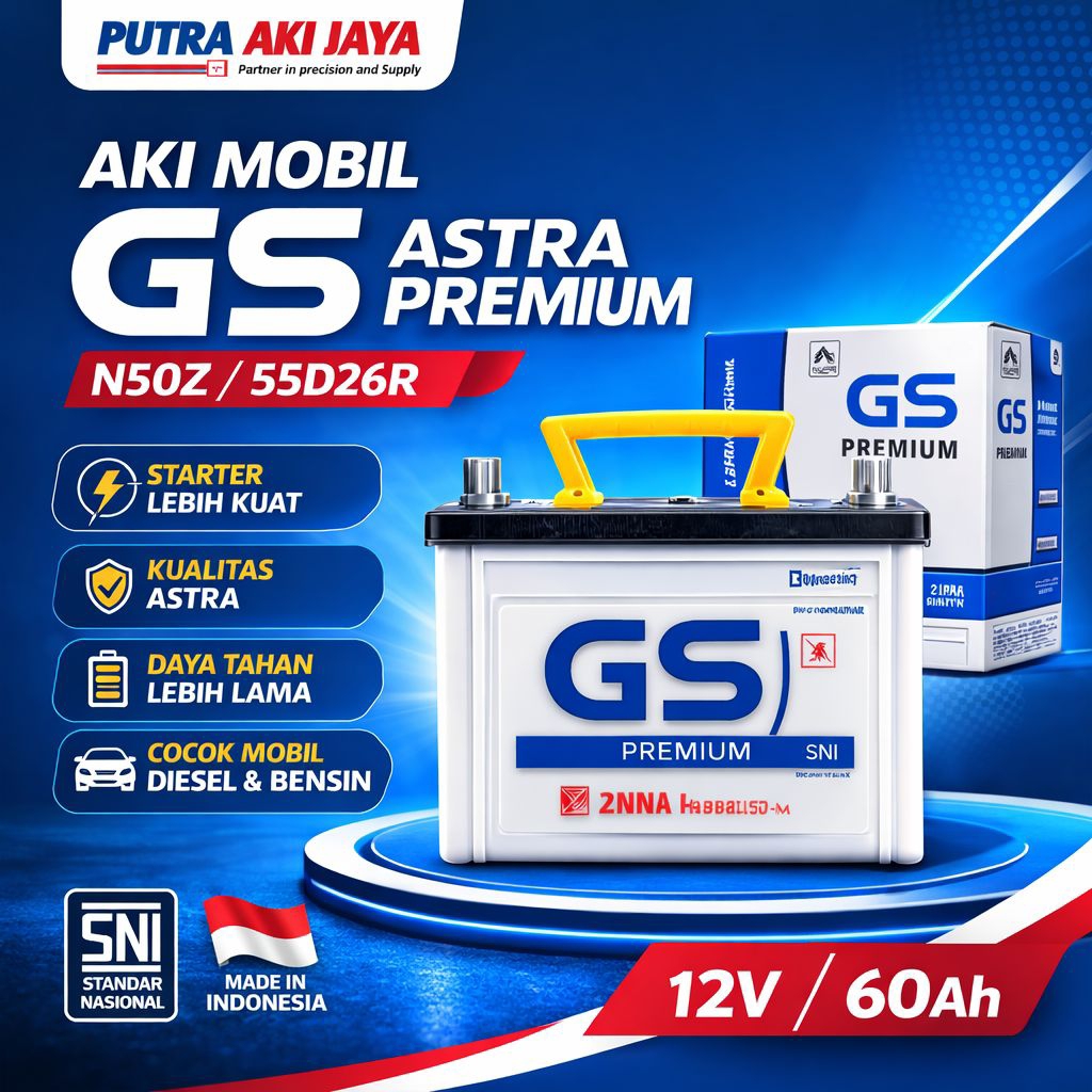 Aki Mobil GS Astra Premium Original N50Z 55D26R 12V 60Ah, Aki Basah Premium GS ASTRA Bergaransi Coco