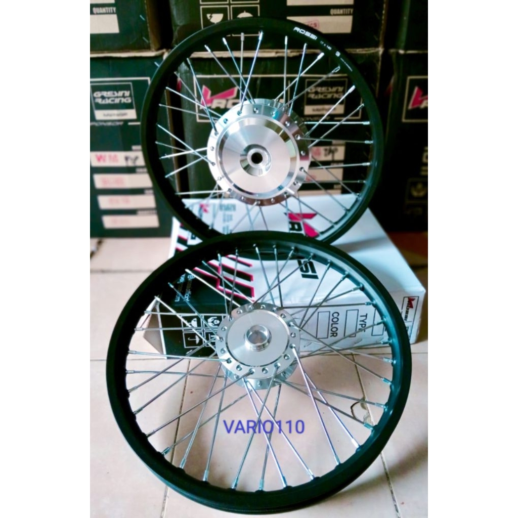 VELG/PELAK VROSSI PAKETAN VARIO110 BEAT SCOPPY GENIO SEPASANG VELG RAKITAN TAMPA DISTEL UKURAN Ring 
