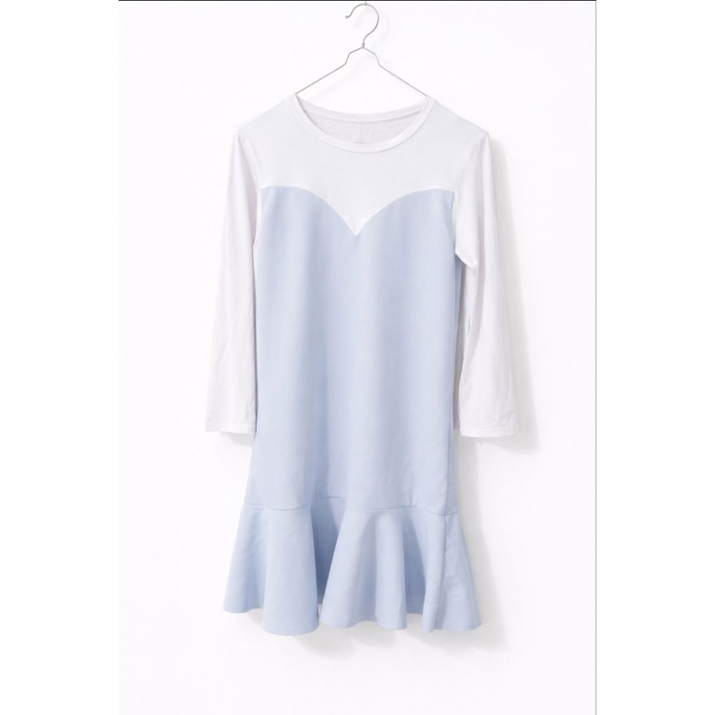 Dress Wanita Lengan Panjang Kombinasi Putih Biru Baby Doll