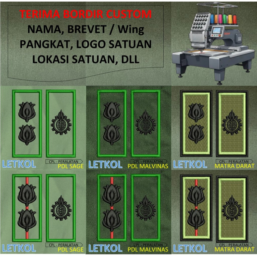 PATCH BORDIR brevet TNI TANDA PANGKAT PERWIRA PDH PDL TNI AD MALVINAS SAGE MATRA DARAT KOSTRAD EMBRO