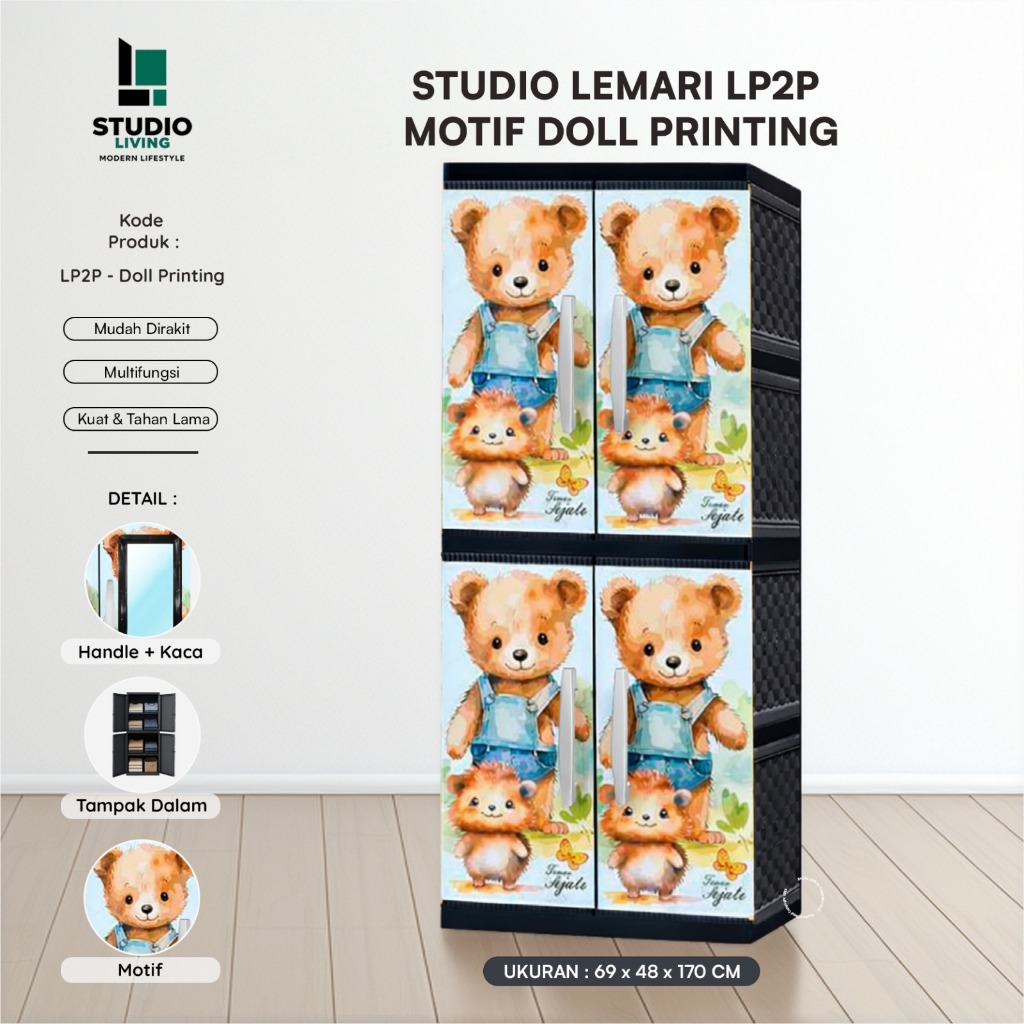 STUDIO - Lemari Pakaian Plastik Jumbo 2 Pintu Gantung + Full Rak + Kaca / Tanpa Kaca Motif Boneka