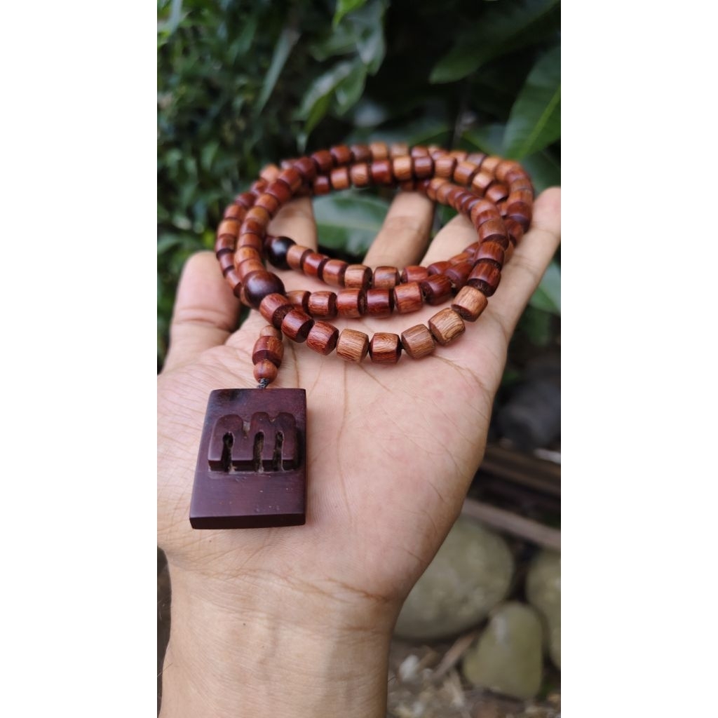 Kalung tasbih kayu nagasari model tabung 8mm asli kepala ukir aksara Jawa bisa request