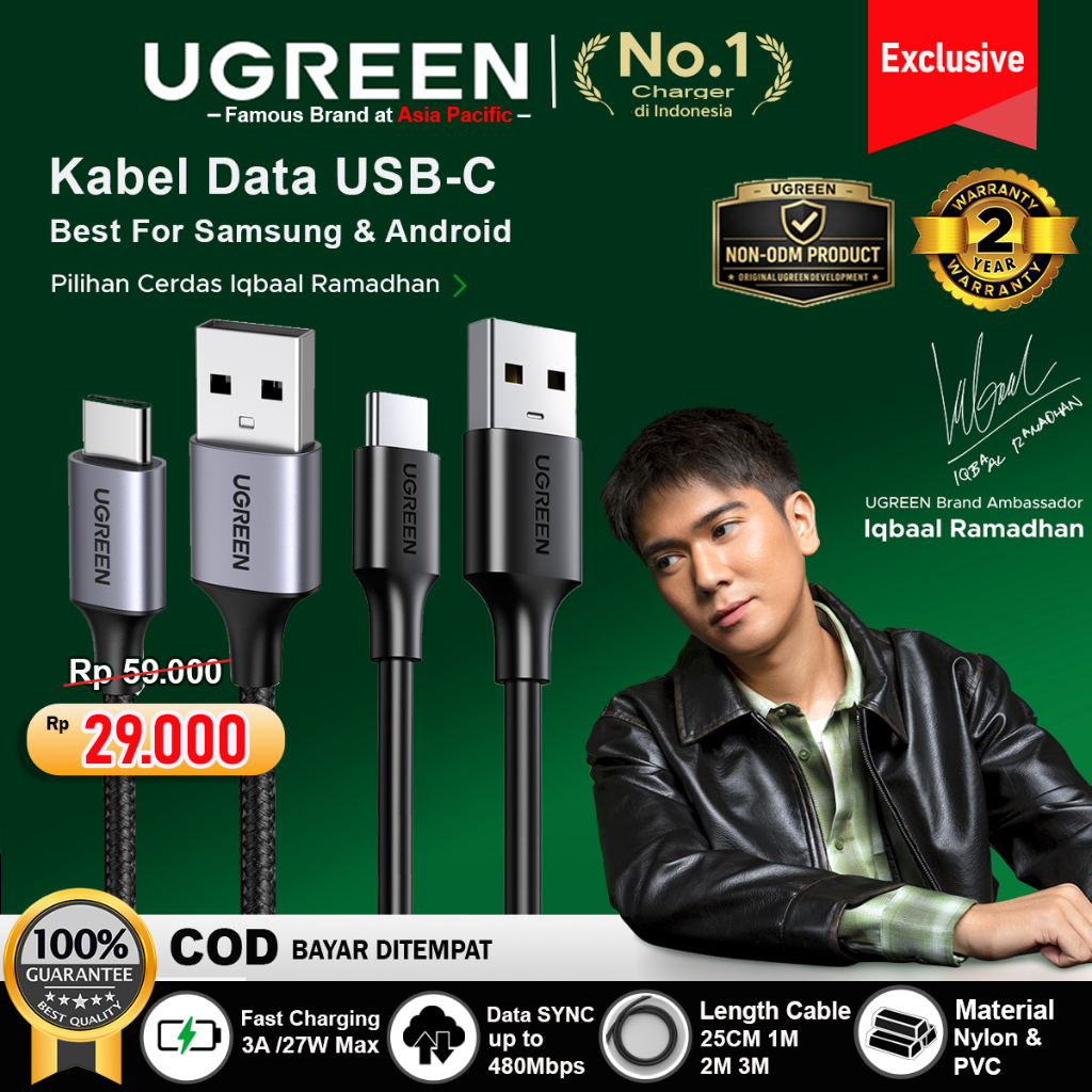 UGREEN Kabel Data USB Type C Fast Charging 3A Max For Samsung Oppo Vivo Redmi Realme Infinix Etc