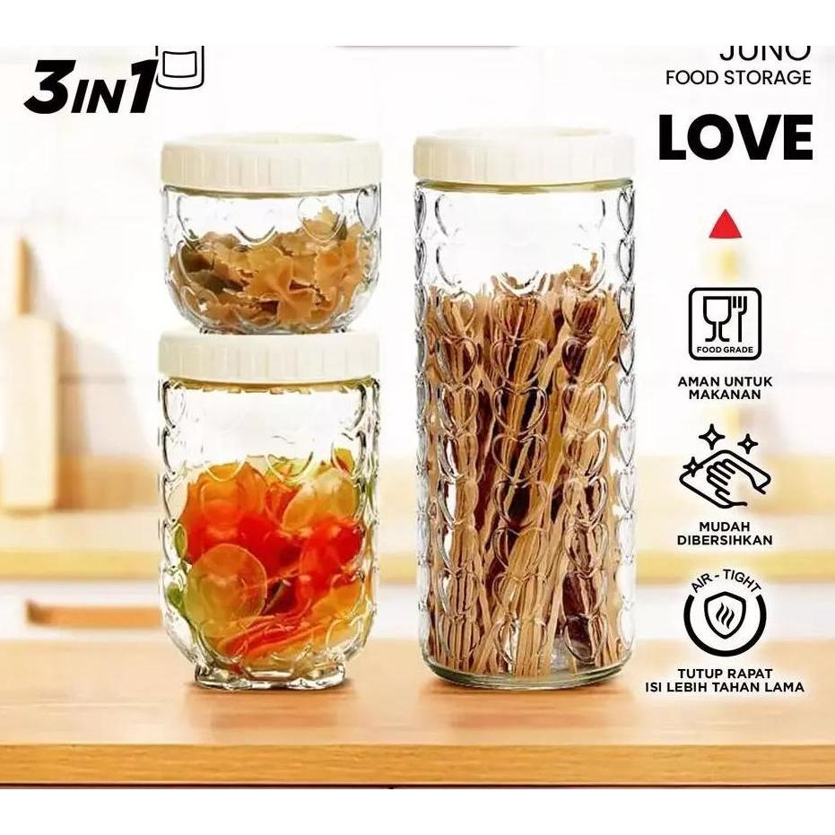 Toples Love Set 3in1 Kaca Borosilicate Aesthetic Food Container Storage Makanan Glass Jar Kedap Udar