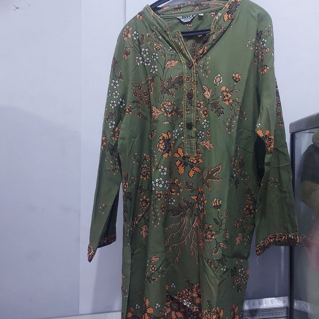Atasan Tunik Wanita Dewasa Motif Batik Bunga Warna Hijau Army Cantik dan Elegan Busui Jumbo #PL