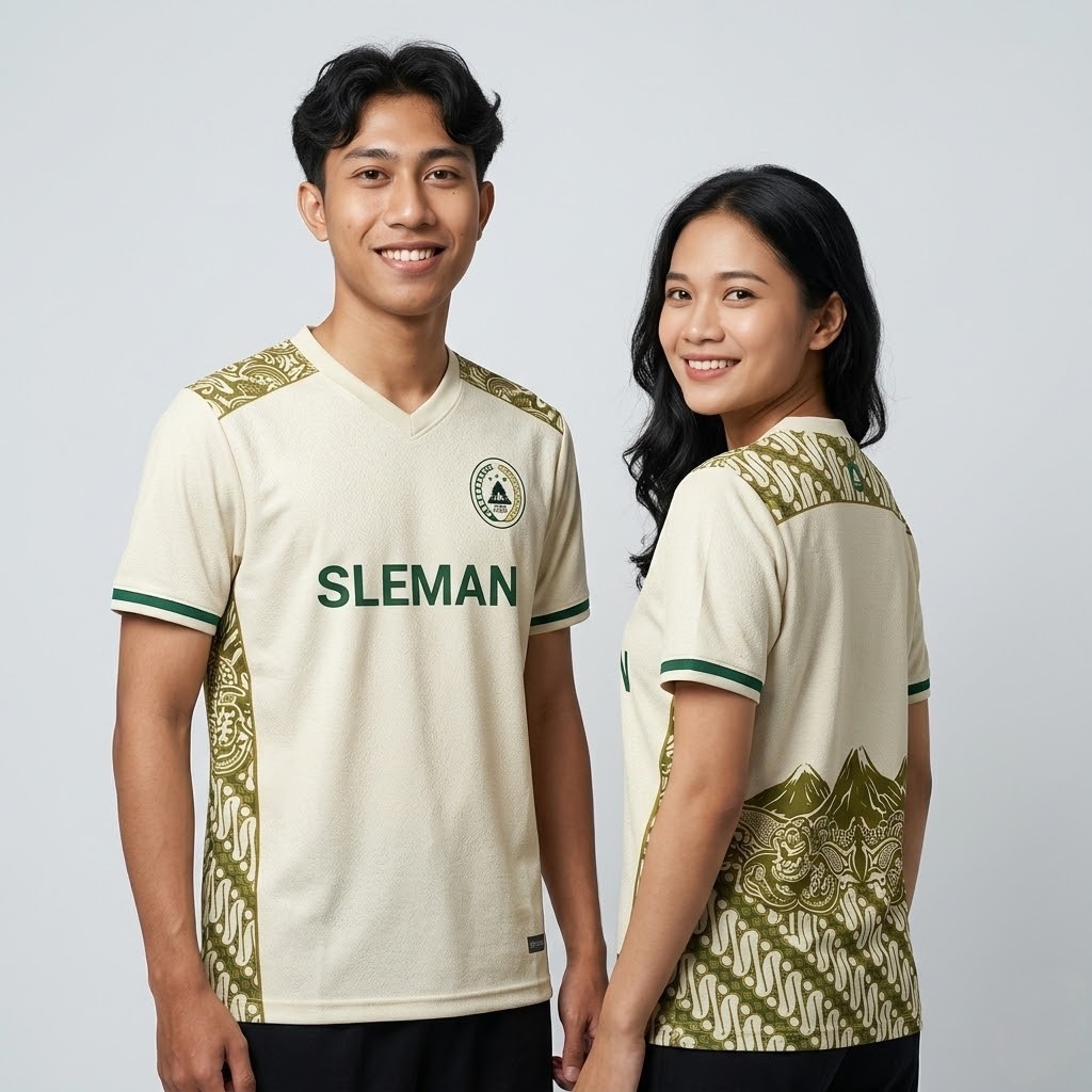 Jersey Suporter Sleman Pria Wanita V-Neck Casual Baju Bola Fans Club Krem Motif Batik Merapi