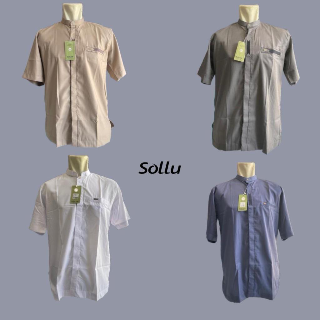 SOLLU Baju Koko dewasa Bordir, Putih/Abu muda/Abu tua/Biru dongker/Cream Bahan Katun, Lengan Pendek 