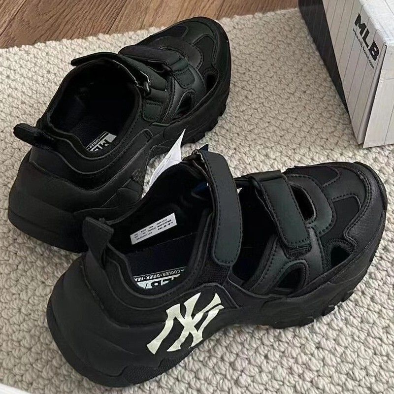 Sepatu MLB Sandal hitam NY original 100% BNIB olahraga tebal pria Wanita Nyaman MLB LA Los Angeles D