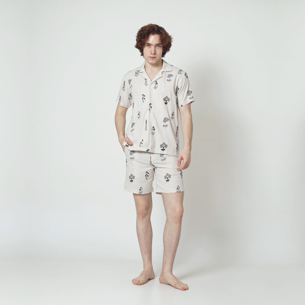 LABONTE Setelan Kemeja Linen Pria Lengan Pendek Motif Floral Sprigs - DANTE One Set Men's Linen Shor