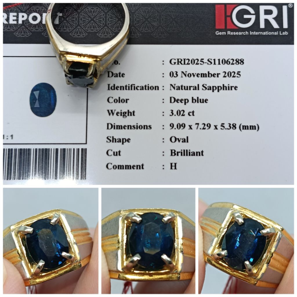 Natural Blue sapphire Heat Only 3 ct Safir Tanzania est. memo GRI Ring Perak