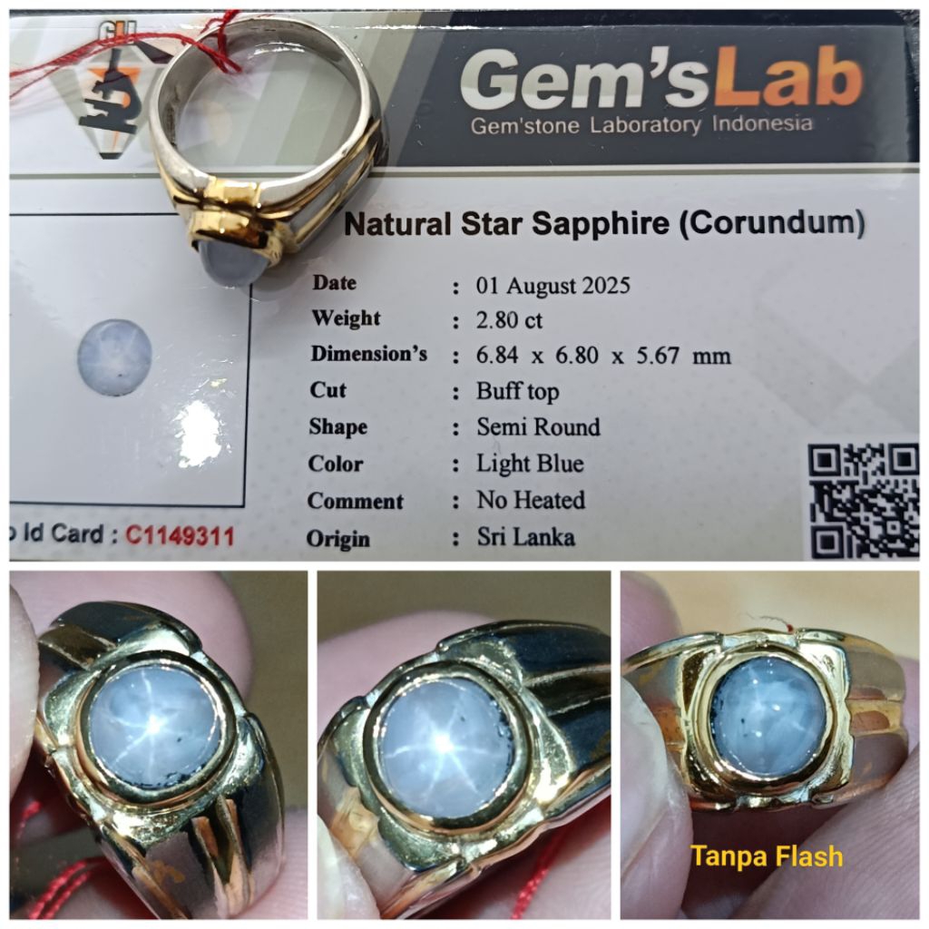 Natural Blue Star Sapphire Ceylon 2,8ct Safir Srilanka memo GLI Ring Perak