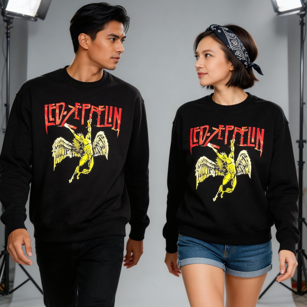Crewneck Led Zeppelin Band Sweater Casual Unisex Bahan Cotton Fleece