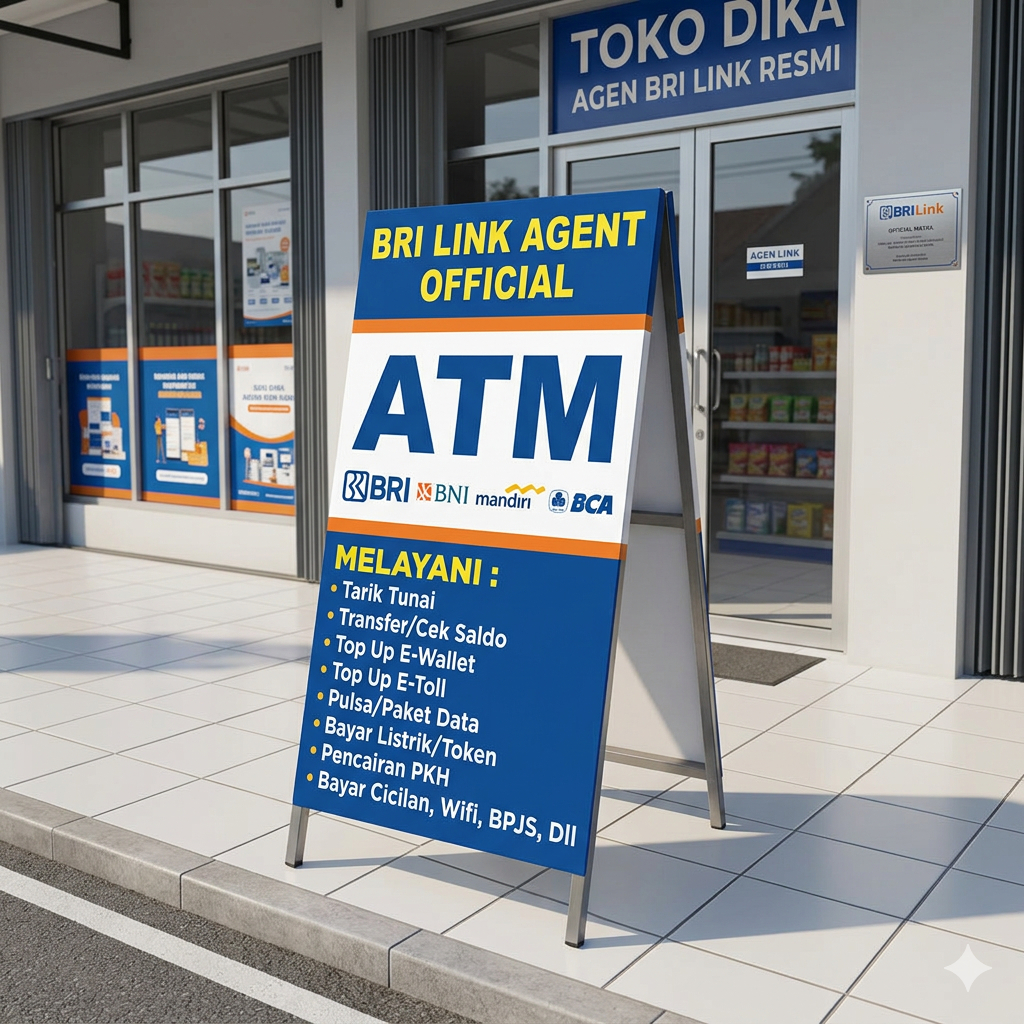 Stand Banner BRI Link/Mandiri LInk/Konter Pulsa Costoom