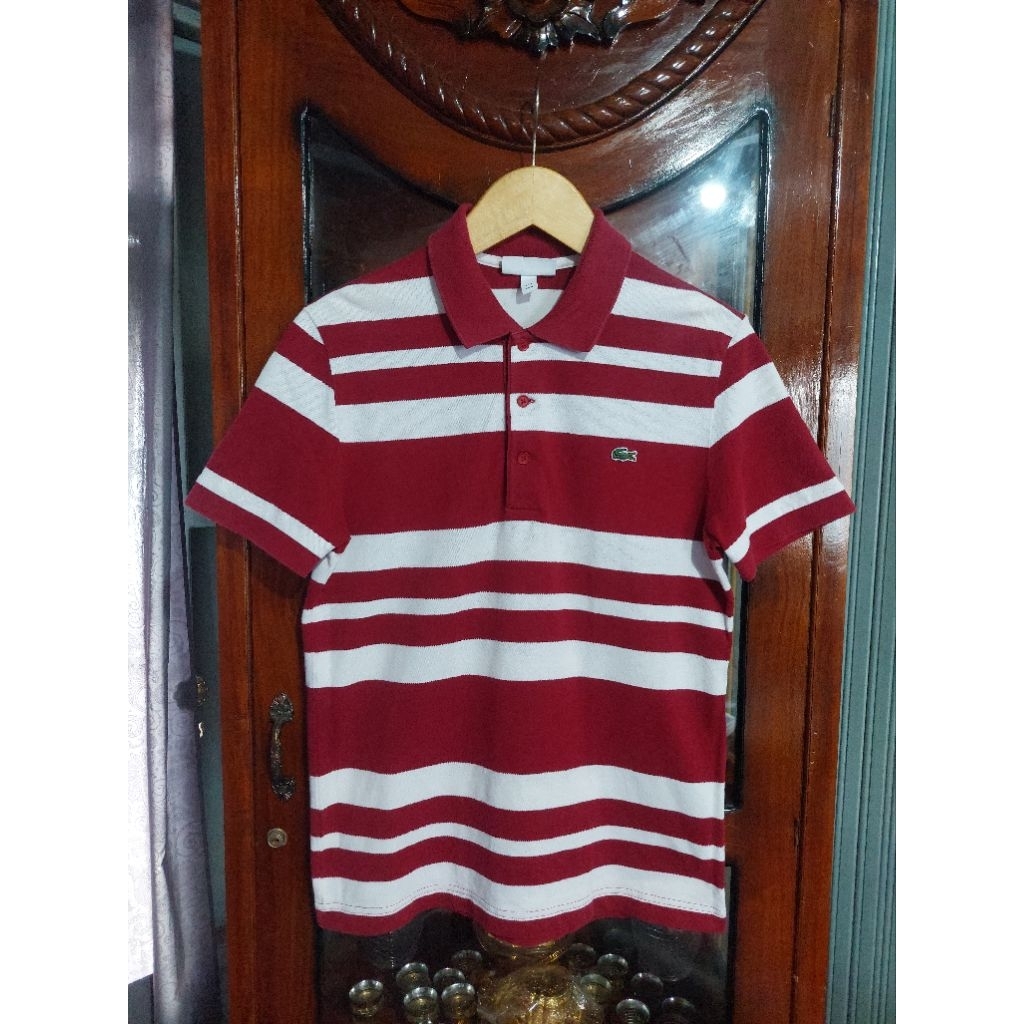 Kaos Kerah Lacoste Original Salur Merah