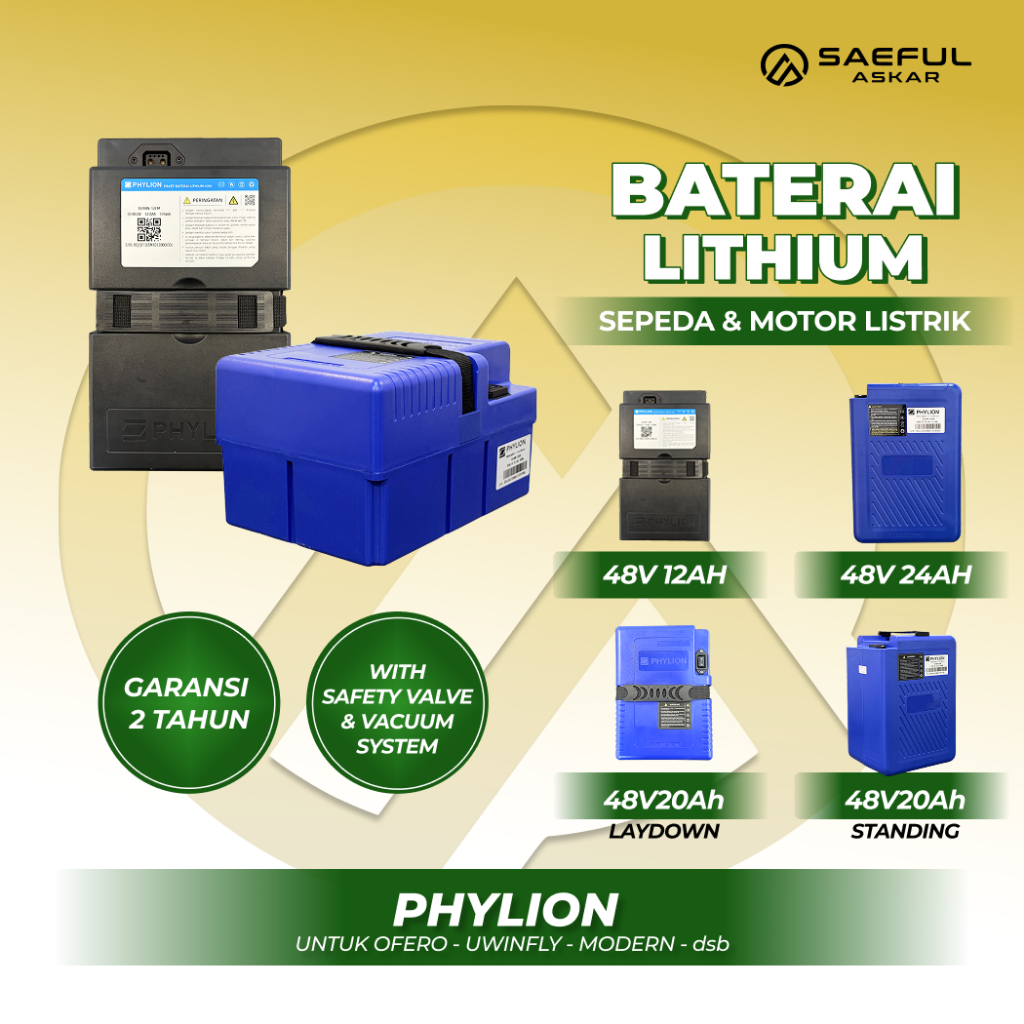 Phylion Baterai Lithium 48V 12-24Ah untuk Sepeda & Motor Listrik Ofero Uwinfly Modern