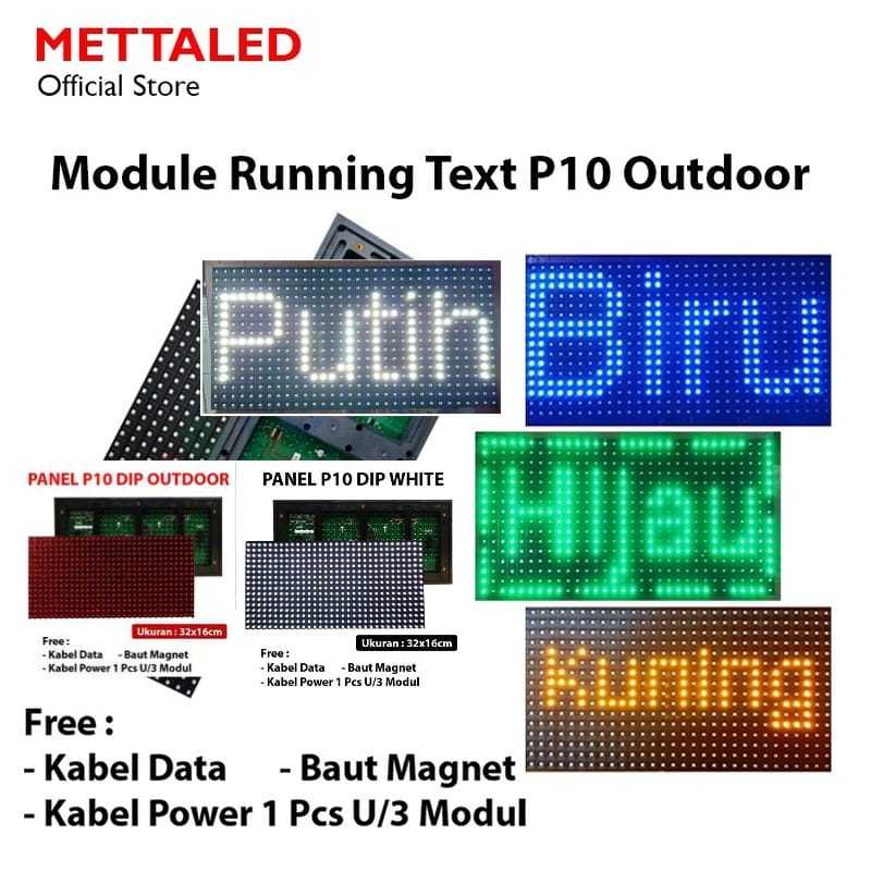 PANEL LED MODULE MODUL P10 RUNNING TEXT SMD PUTIH / MERAH / BIRU / HIJAU / KUNING / DIP PUTIH / DIP 