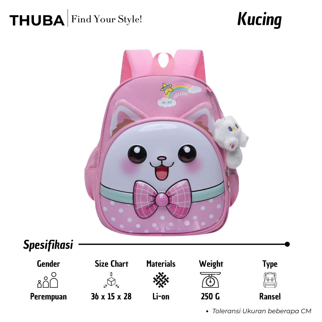 THUBA - Tas Ransel Anak Perempuan TK Dan SD Model 3D Timbul Karakter Hewan Kucing Lucu Gratis Jam Ta