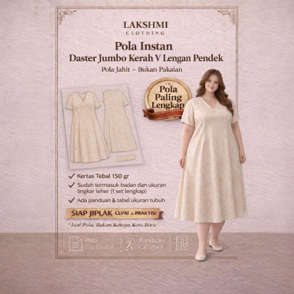 Pola Daster Wanita Dewasa Jumbo Kerah V Lengan Pendek | XL–6XL | Pola Jahit Siap Jiplak Kertas Tebal