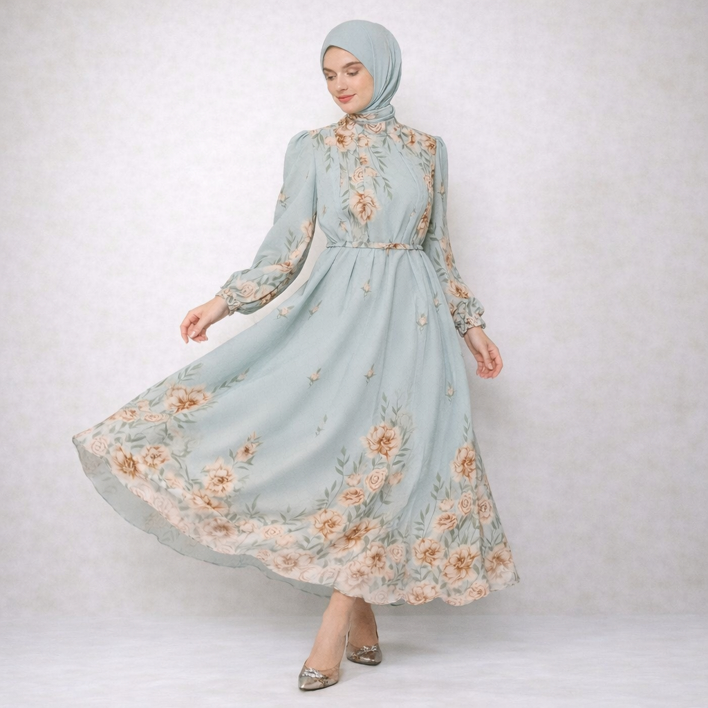 Gamis Kondangan Simple Elegan | Gamis Motif Bunga | Gamis Mawar Lunnabby
