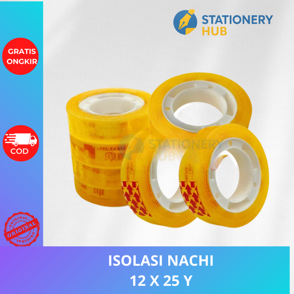 Selotip NACHI Isolasi KertasTape Kecil 1/2 inch 25 YARD - Lem Kuat, Tipis, Bening