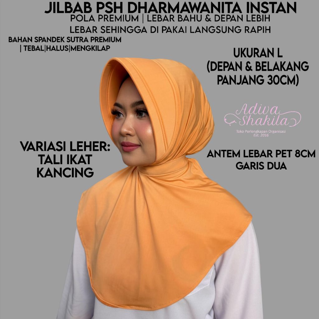 ADIVA -- JILBAB DINAS PSH DHARMAWANITA POLA PREMIUM UKURAN L DEPAN & BELAKANG PANJANG 30CM PET 8CM V