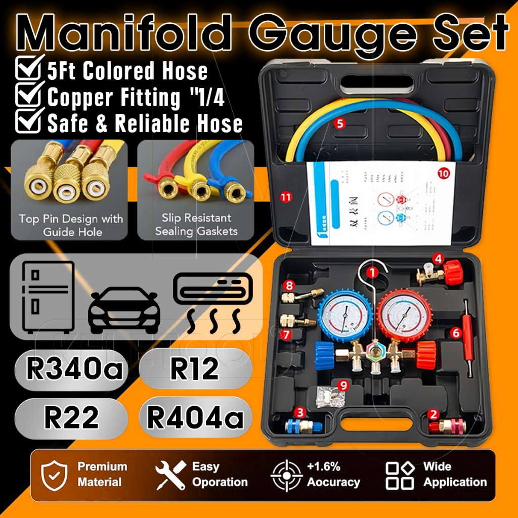Alat Cek Mobil Ac Pressure Mainfold Gauge Hose Kit Testing Manifold Meter Kit Ac Mobil Pendingin Ala