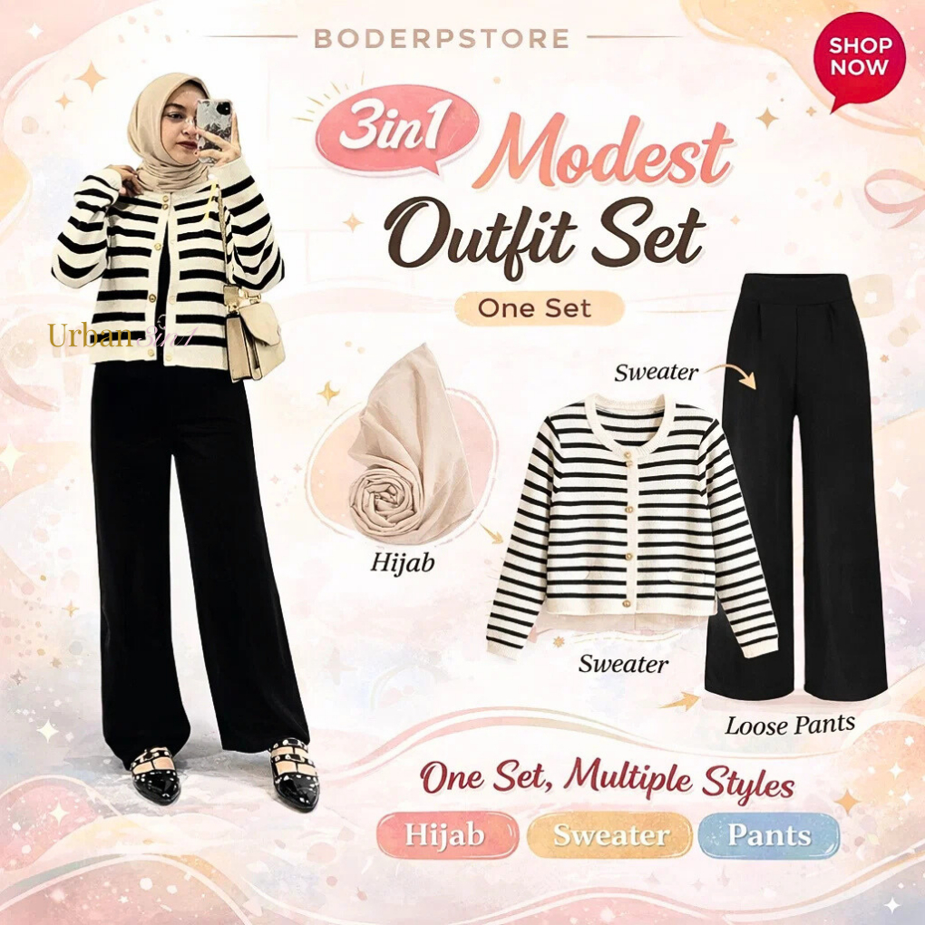 Outfit Hijab Kasual Dress Well 3in1 One Set Sweater Garis + Loose Pants + Hijab – Outfit Kekinian