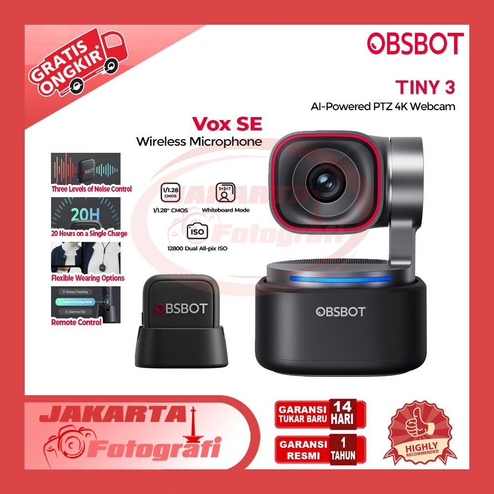 OBSBOT Tiny 3 Webcam with VOX SE Wireless Mic Combo