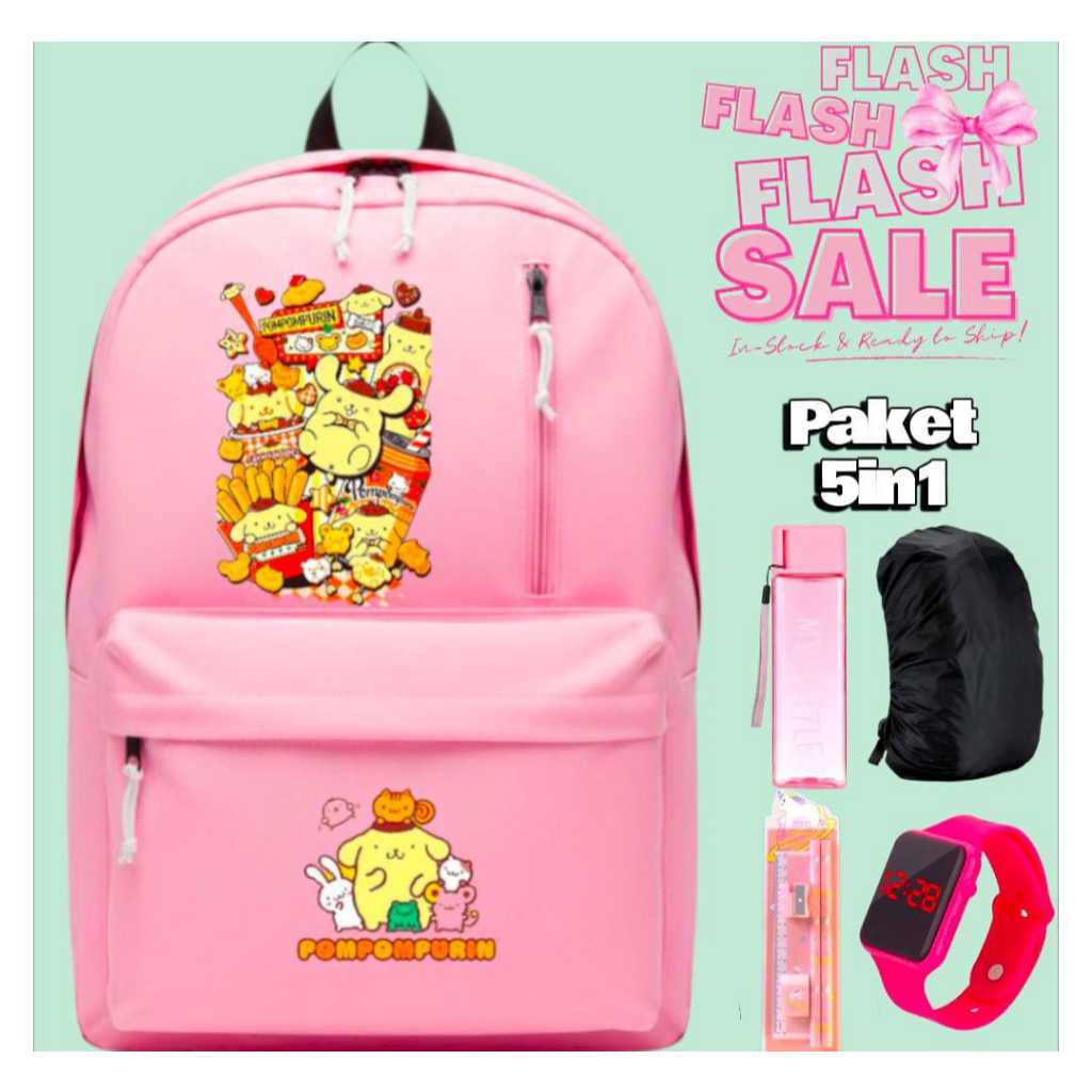 RANSEL SEKOLAH ANAK CEWEK - TAS SEKOLAH SD SMP POMPOMPURIN - TAS ANAK REMAJA WANITA PAKET 5IN1
