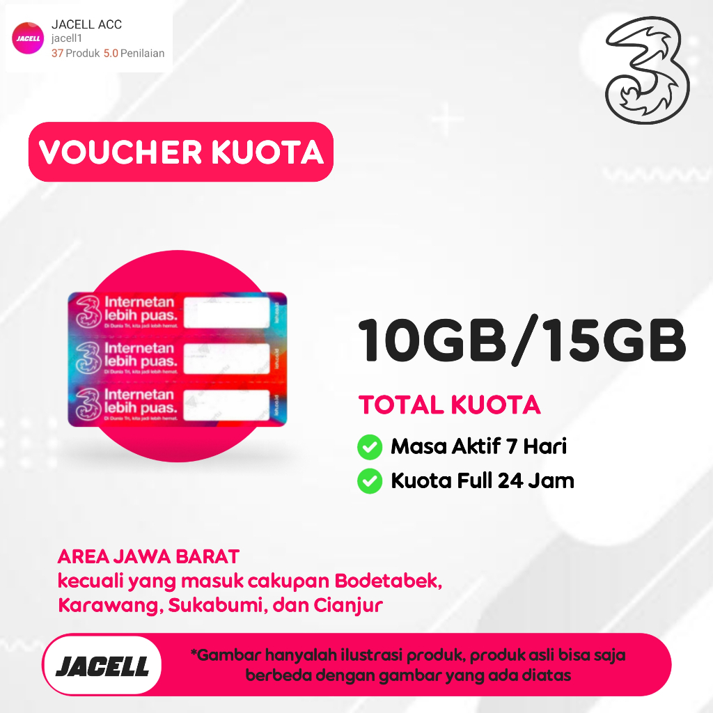 VOUCHER KUOTA DATA TRI HAPPY 10GB/15GB 7 HARI