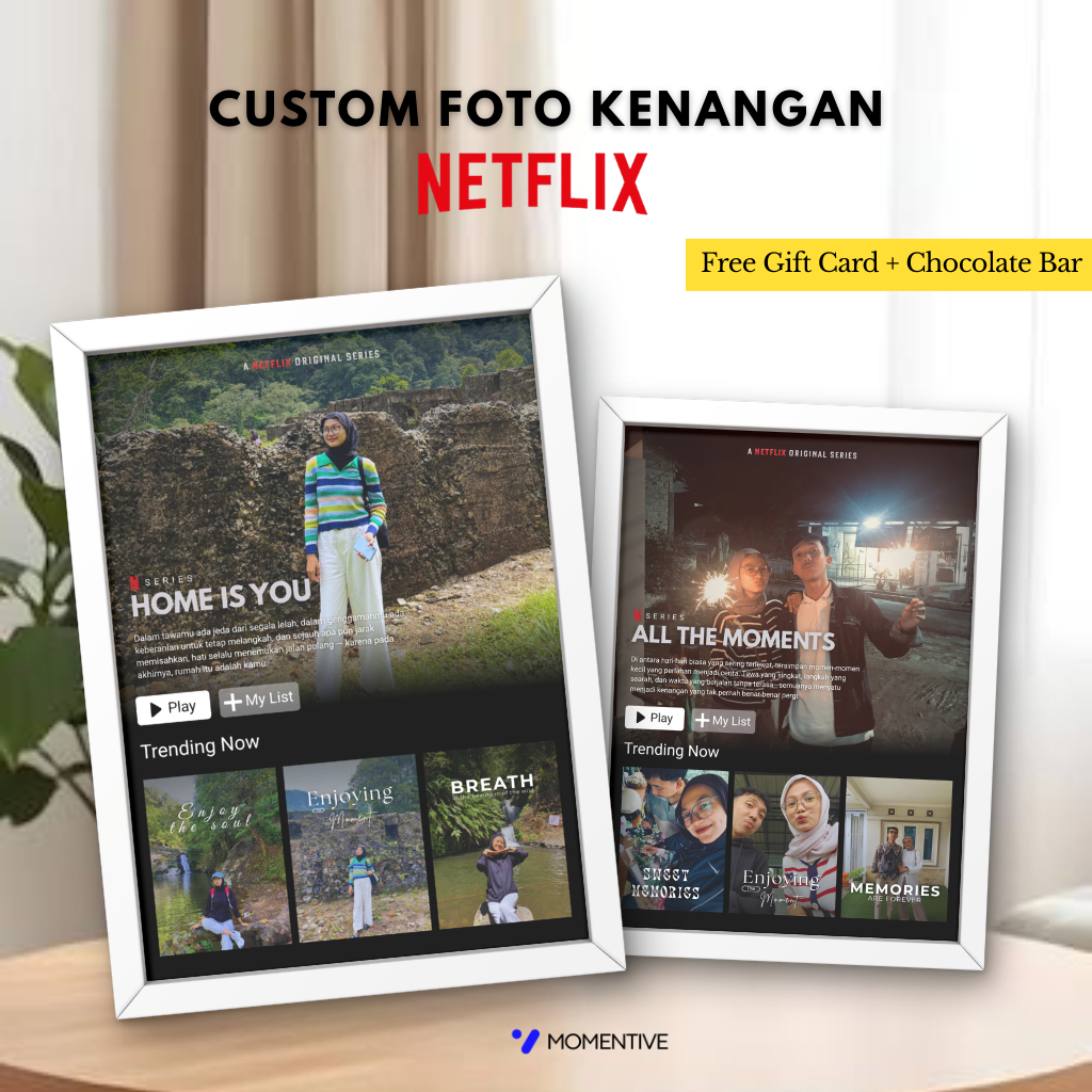 MOMENTIVE |  Custom Foto Desain Netflix Frame 10R (21x30cm) | Bingkai Putih | Kado Anniversary & Ula
