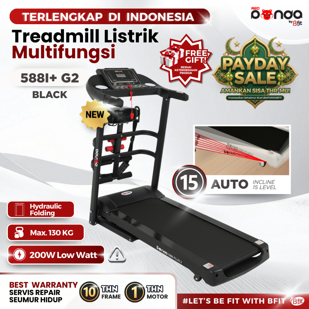 Treadmill Elektrik REDPANDA 588I Auto Incline Multifungsi Listrik Low Watt Fitness Gym