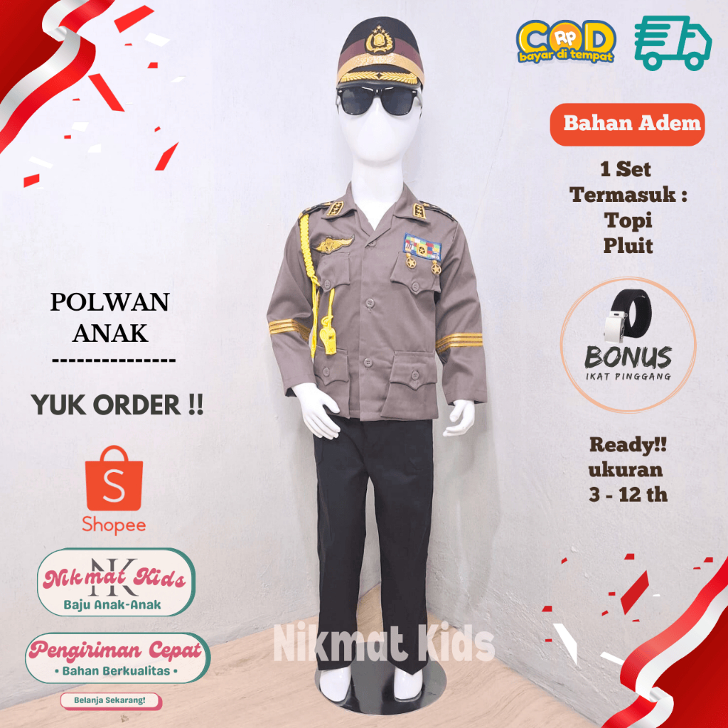 Nikmatkids baju polisi anak perempuan polwan seragam polisi anak kostum polisi anak sabara hijab tk