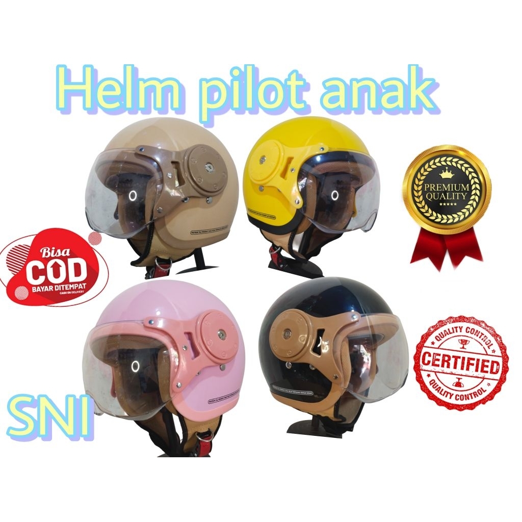 Helm Anak Lunar Kids Polos Helm Anak 3-8 th Retro Pilot Kaca Pilot SNI