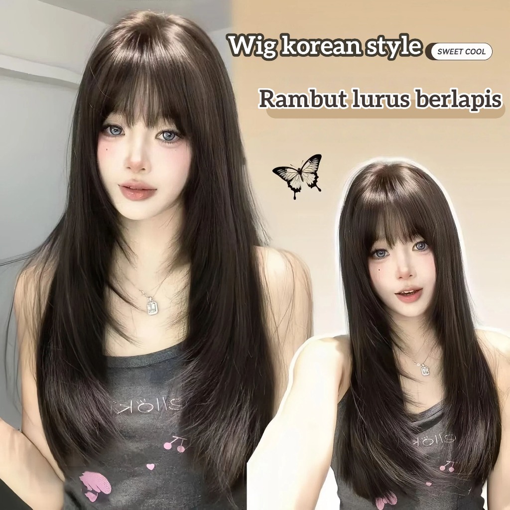 Korean wig Long Straight Rambut palsu wanita panjang  Wig wanita full kepala wig daily  Wig korean s
