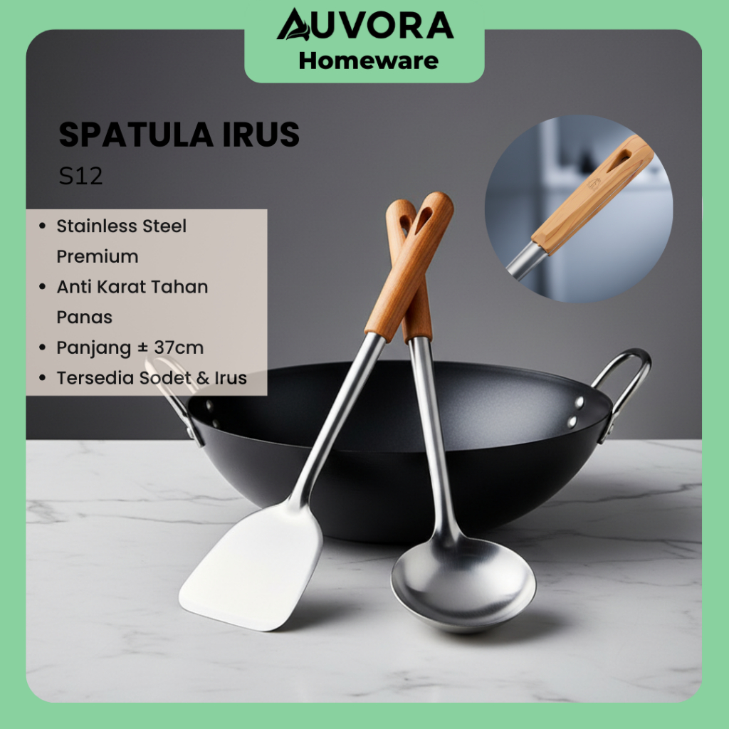 AUVORA Spatula Stainless Anti Panas Sodet Gagang Plastik Motif Kayu Sodet Tebal Stainless S12