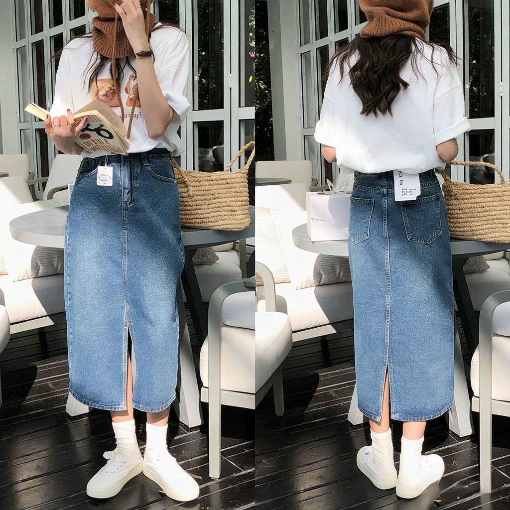 Rok Jeans Panjang High Waist Wanita Import Premium Kekinian