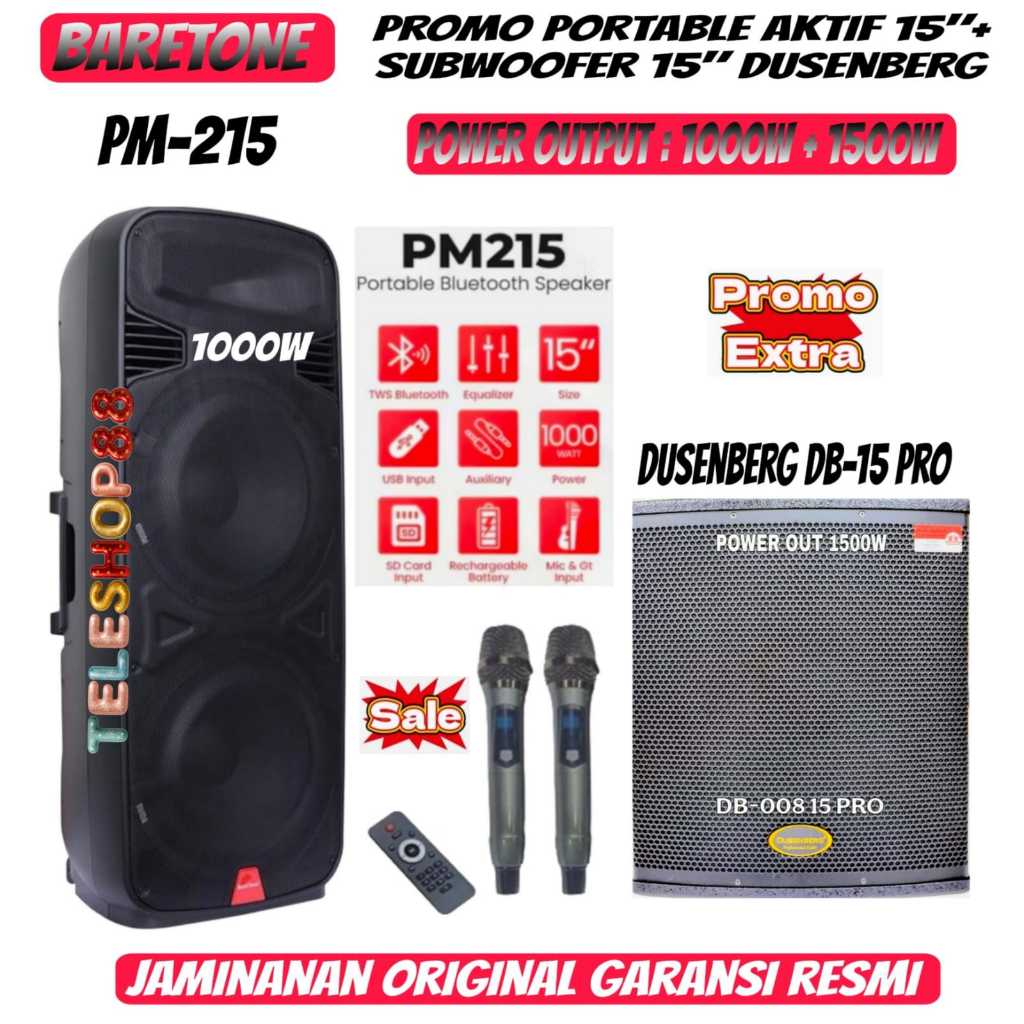 Paket Sound System Speaker Portable Baretone PM215 & Subwoofer Dusenberg Original 2 Varian