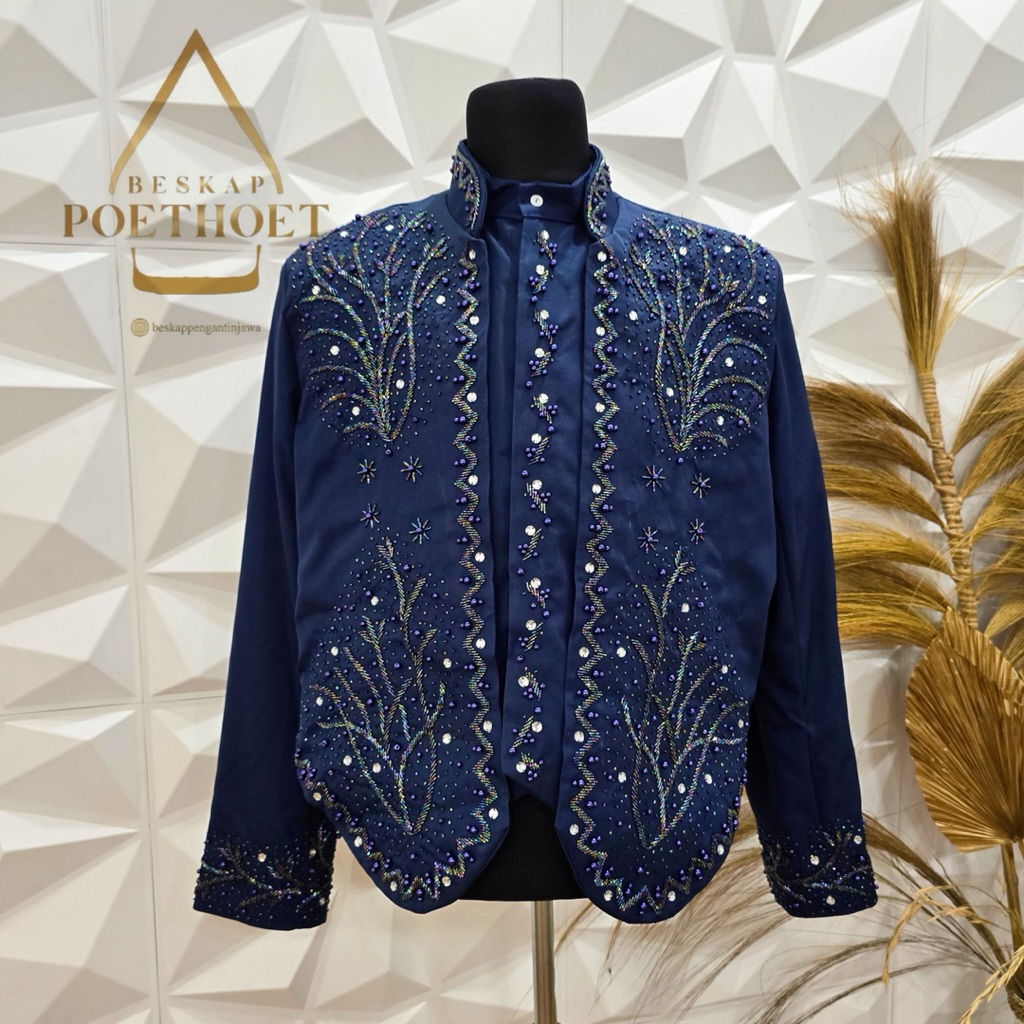 Beskap poethoet pengantin Jawa solo biru navy payet mewah kain matte premium