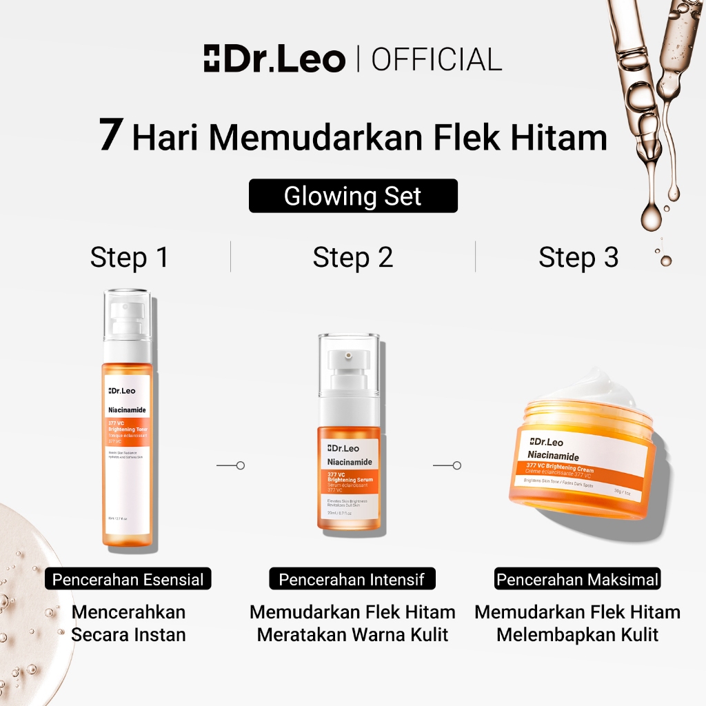 Dr.Leo 3pcs Brightening Skincare Set | Niacinamide 377 VC Moisturizer + Serum + Toner Glowing ANTI-D