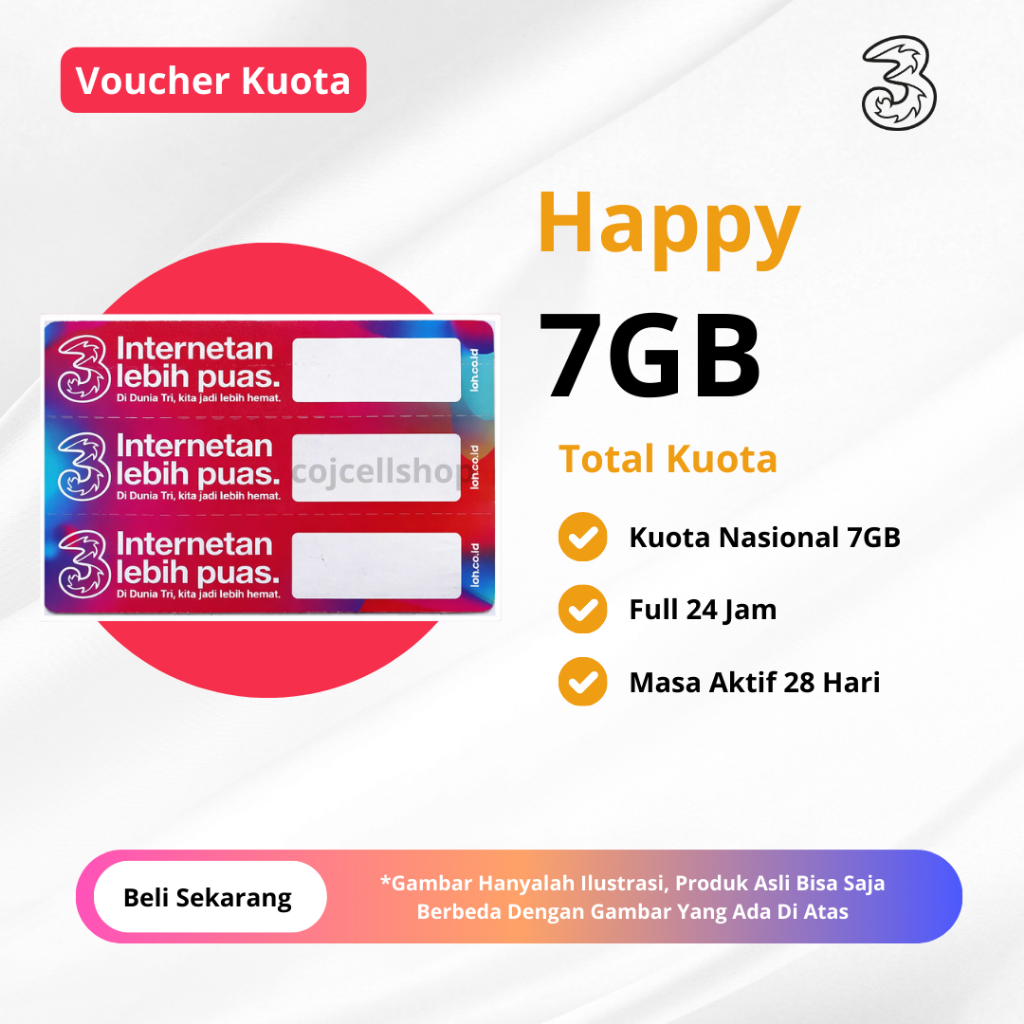 Voucher Kuota Tri Happy 7GB 28 Hari Full 24 JAM - Paket Data Tri Bulanan