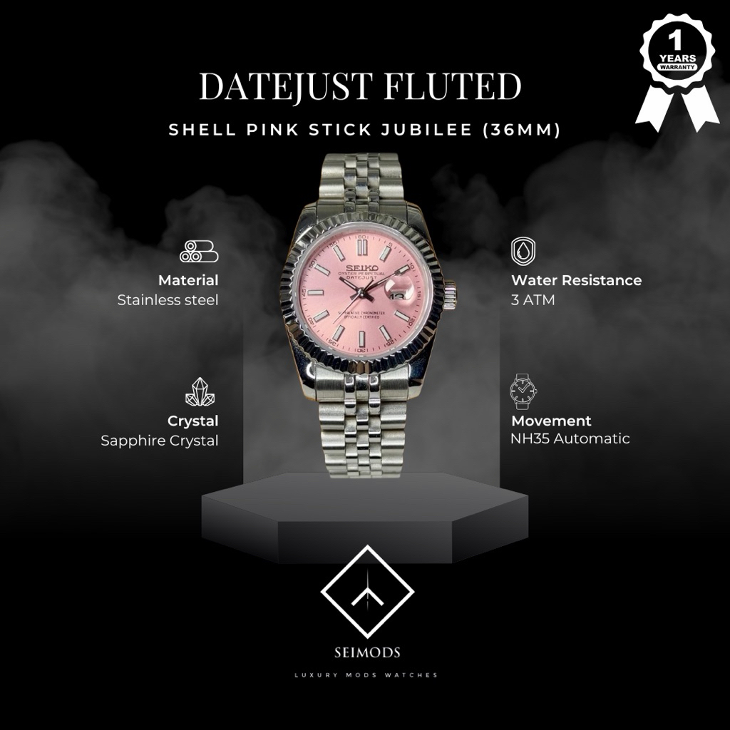 Jam Tangan Seiko Mod Datejust Shell Pink Stick Dial NH35 Automatic Fluted Jubilee Watch