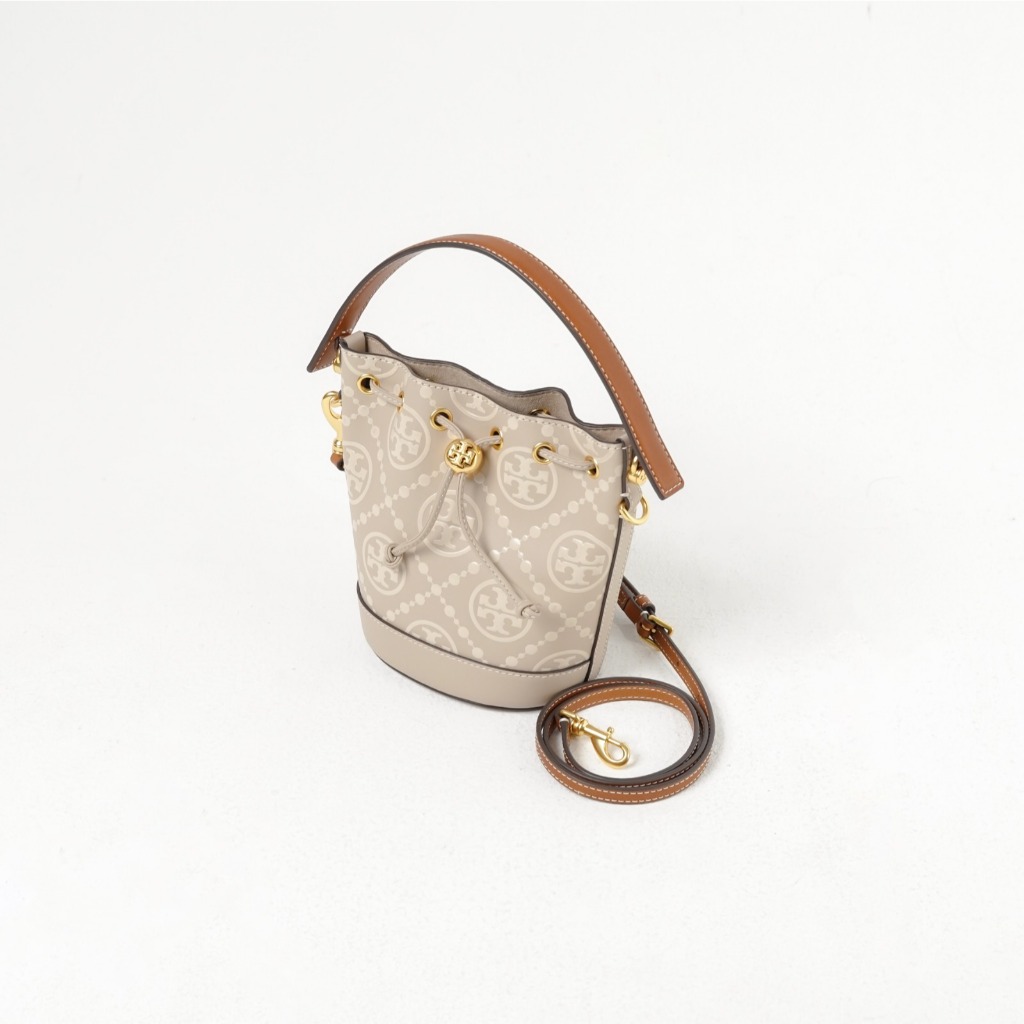 Tas TB EMBOSSED TAUPE BROWN LEATHER MINI BUCKET BAG WITH LS 100% ORIGINAL