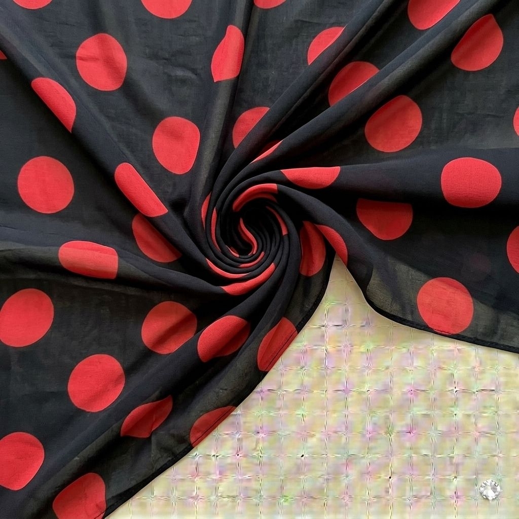 Kain Satin Silk Premium Polkadot Merah Hitam - Bahan Gamis, Dress, Tunik & Mukena - Per Setengah Met
