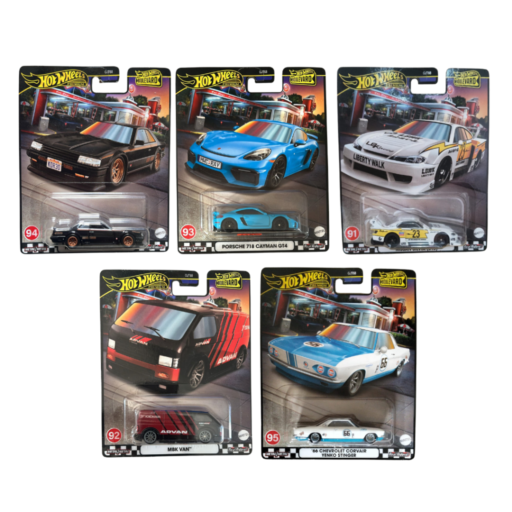 HOTWHEELS PREMIUM BOULEVARD LBWK SUPER SILHOUETTE NISSAN SILVIA S15, MBK VAN ADVAN, BLUE PORSCHE 718