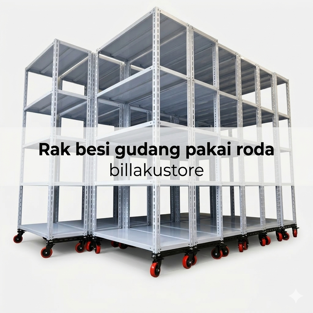 Rak Besi Gudang 5 Susun + Roda | Rak besi siku lubang - Rak besi pakai roda bisa didorong