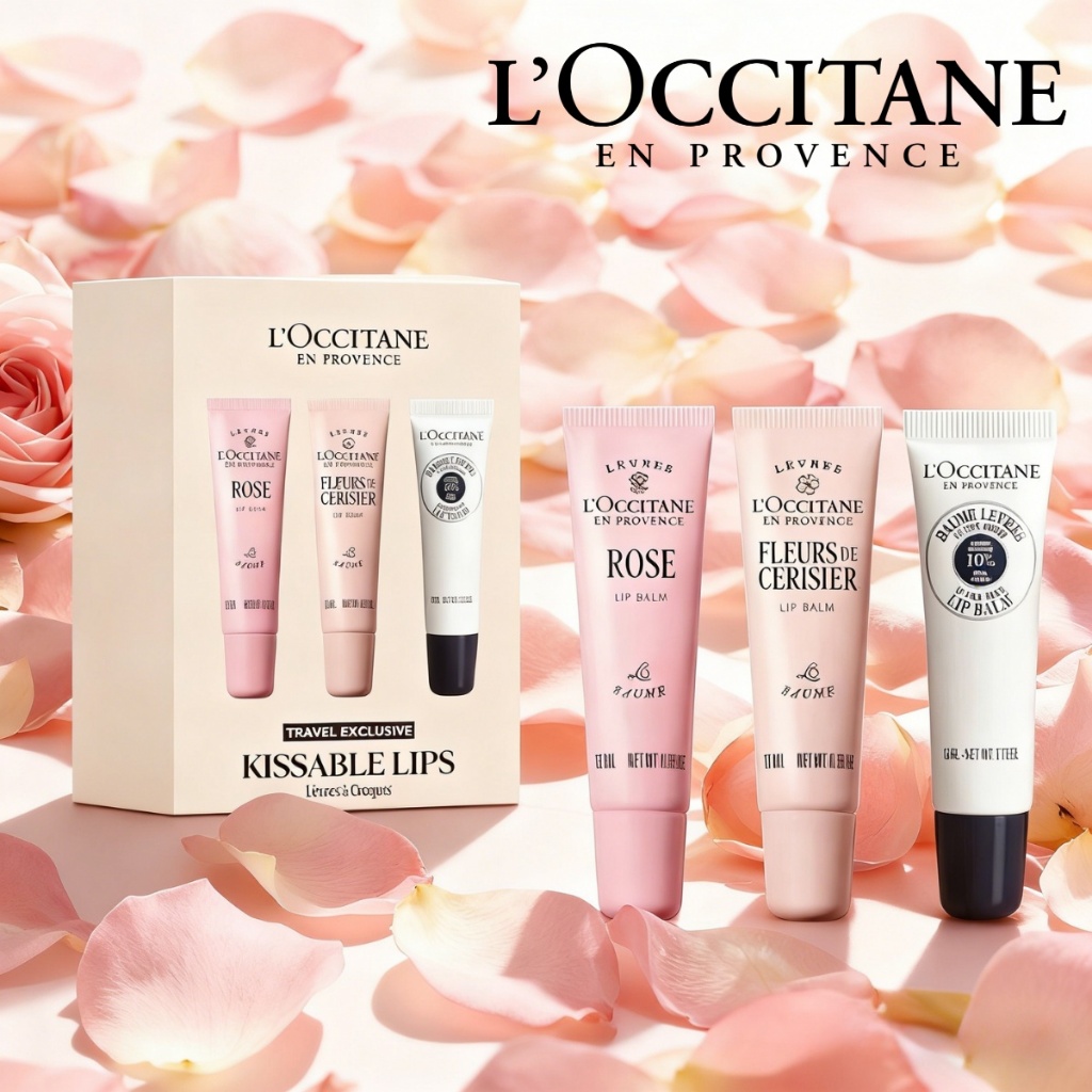 L'Occitane Kissable Lips travel exclusive lip balm set containing shea butter, rose, and cherry blos