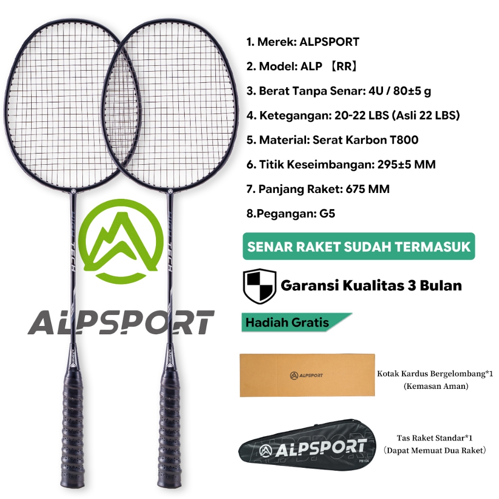 ALPSPORT RR Set 2 Raket Bulutangkis + Tas 4U G5 Full Carbon Serat Karbon T800 22-28LBS Senar Terpasa