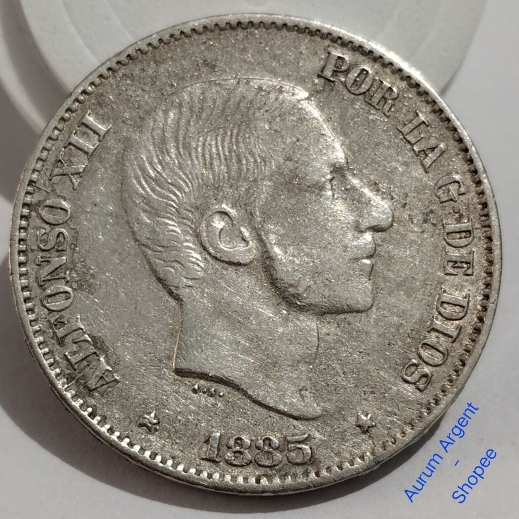 O.5-- 1 PC KOIN PERAK KUNO ASLI 50 CENTAVOS ALFONSO XII TH 1885. -- SILVER COIN --